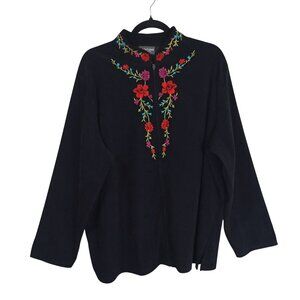 Notations Jacket Floral Embroidery Split Hem Women Plus Size 3X Full-Zip Black